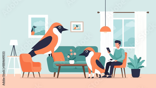A man relaxes at home, accompanied by two oversized, friendly birds