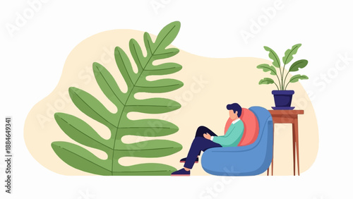 A man relaxing in a comfy chair next to a large fern and potted plant