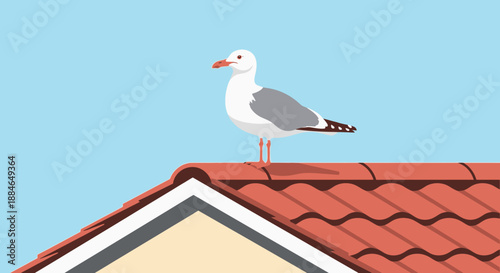 A seagull Laridae perched on a red tiled roof with a bird's-eye view of the surrounding camar scene