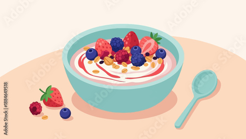 A pastel bowl of yogurt topped with berries and granola, with a spoon
