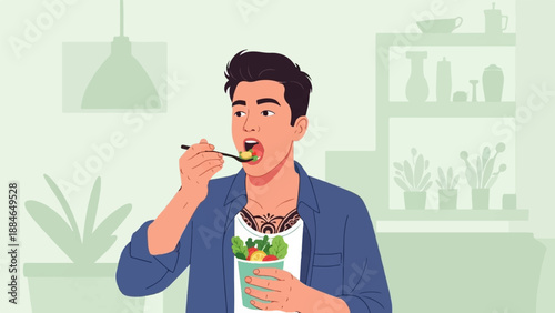 A man with a tattoo eats a salad from a cup at home with plants and shelves in background