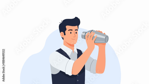 A man with dark hair shakes a cocktail shaker