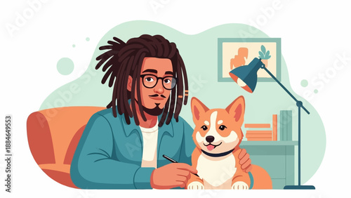 A man with dreadlocks and glasses sits on a sofa, petting his dog