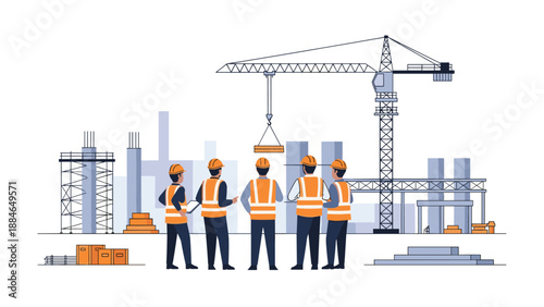 Group of construction workers and engineers inspecting a building site with a large crane, symbolizing collaboration and urban development.