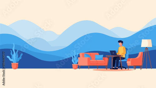 A man works on a laptop in a cozy room with wavy blue backgrounds