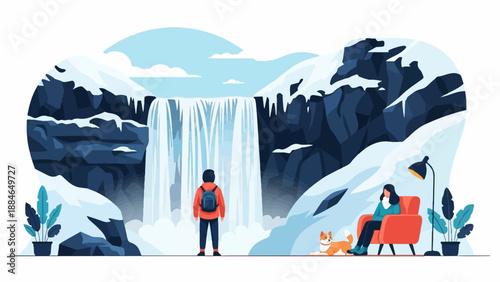A person and dog enjoy a cozy interior scene by a majestic frozen waterfall