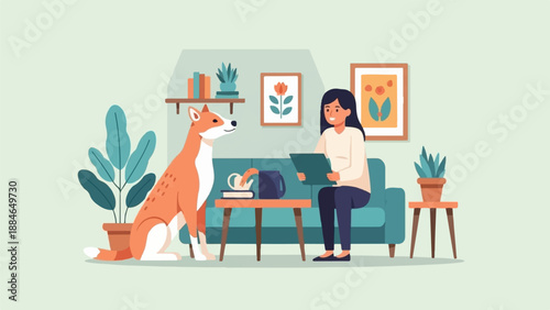 A person and a fox sit on a couch in a room with plants