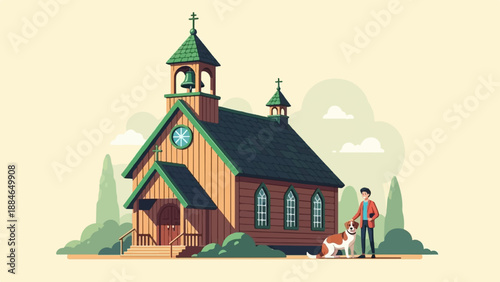 A person and dog stand beside a wooden church with a bell tower