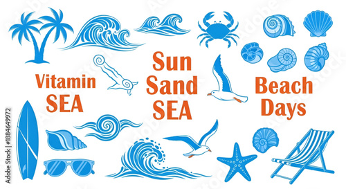 Vintage Surf Van Illustration Set: Tropical Elements and Flamingo Icons