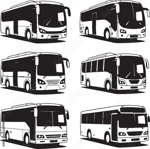 Set of various bus silhouettes in different angles and positions