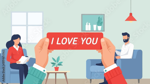 A person holds a red sign that says "I LOVE YOU" between two people sitting on sofas
