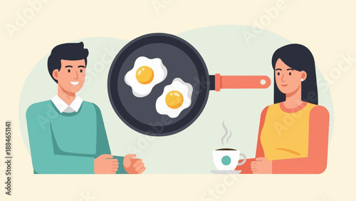 A smiling man and woman sit at a table with fried eggs in a pan