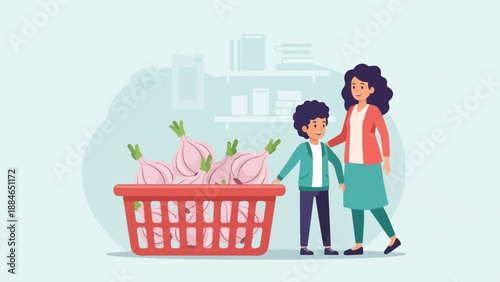 A smiling mother and son stand next to a red basket full of onions