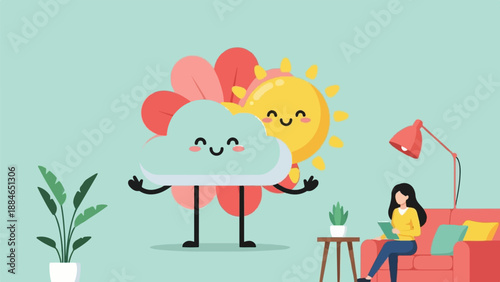 A smiling sun and cloud character with flower petals behind them, and a person reading on a couch