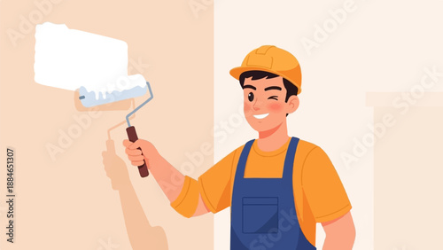 A smiling worker in overalls and hard hat paints a wall with a roller