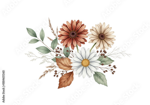 Three watercolor daisy-like flowers (reddish-brown, beige, white) with various leaves, grasses, and natural fillers, arranged in a rustic bouquet on a transparent background, minimalist presentation,