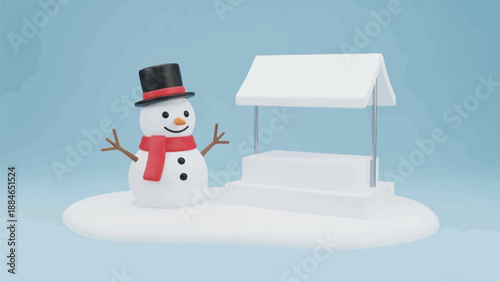 A snowman wearing a hat and scarf stands next to a snow-covered well