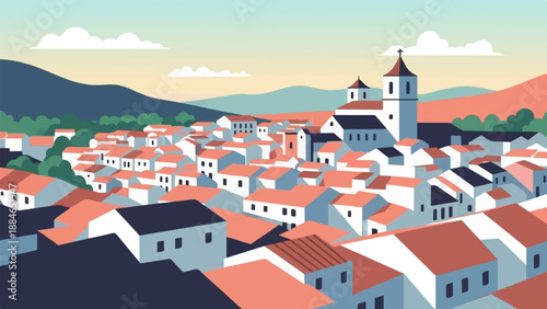 A picturesque, pixelated village nestled against rolling hills under a soft sky