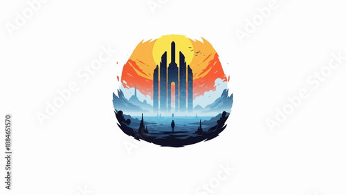 A solitary figure gazes at towering monoliths under a vibrant sunset