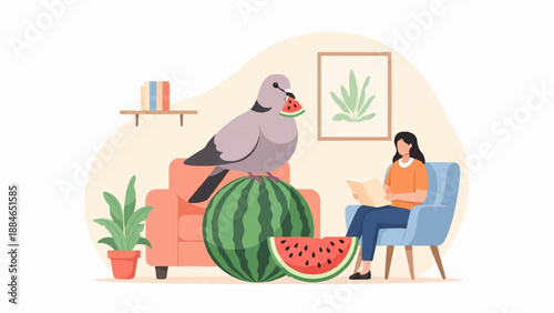 A pigeon pecks watermelon on a giant melon next to a woman reading