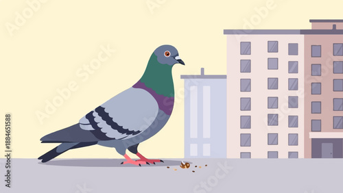 A pigeon pecks at scattered seeds on a ledge in front of apartment buildings
