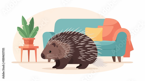 A stylized porcupine sits near a comfy couch with a plant
