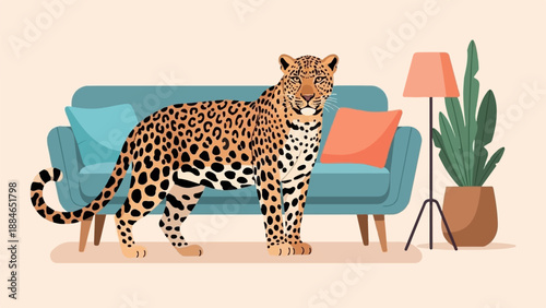 A spotted feline stands beside a couch with a lamp and plant