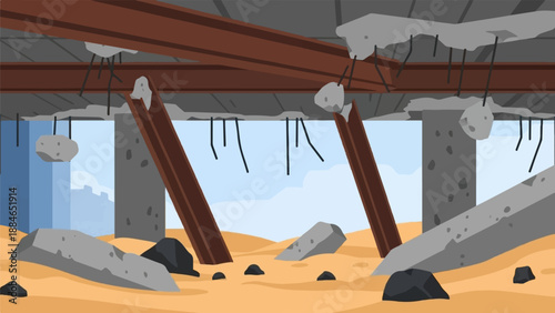 A stark, desolate scene of urban destruction with debris-strewn ground