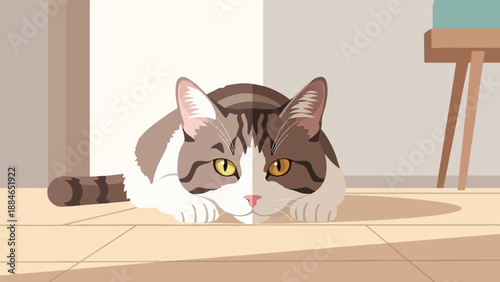 A stylized tabby cat with wide yellow eyes rests its head on a floor