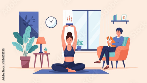 A woman practices yoga while a man relaxes with his dog in a cozy room