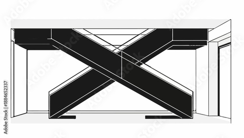 Abstract intersecting beams form a dark X shape against a white background