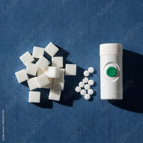 Wallpaper Mural Conceptual image of choosing between high-calorie white sugar cubes and zero-calorie synthetic sweetener pills for weight loss, sugar addiction, and medical dietary requirements Torontodigital.ca