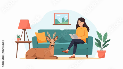 A woman reads a book beside a deer in a cozy living room with plants