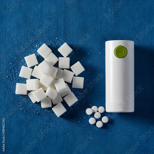 Wallpaper Mural High angle view of a pile of white refined sugar cubes compared with small artificial sweetener tablets and a dispenser on a textured blue background, representing healthy food choices Torontodigital.ca