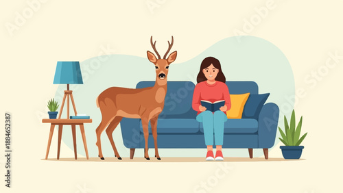 A woman reads a book on a couch next to a deer in a living room