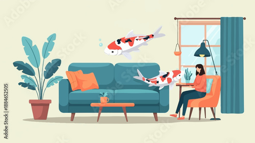 A woman sits by a window as two koi fish swim in the air around her living room