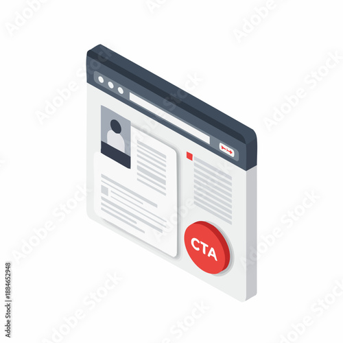Isometric Minimalist Browser Page CTA Button Isolated on White Background Illustration
