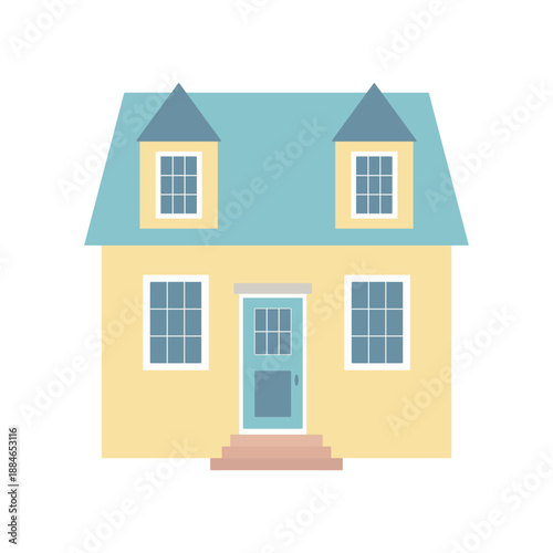 Country house with blue roof isolated on a white background. Vector illustration in flat style. Colored icon of home, building, cottage, apartment.