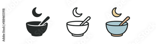 suhoor breakfast three small bowl and spoon with tiny crescent above soft pastel tones