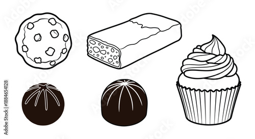a black and white illustration depicting assorted desserts including a cookie cake and cupcake