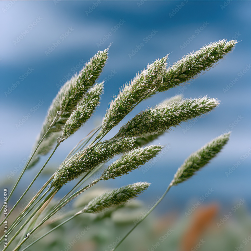 Obraz premium Wild grass wheat weed field nature sky outdoor green closeup summer sway gently in breeze under blue sky