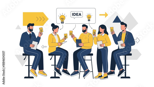 Team Brainstorming: Diverse people sharing ideas with lightbulbs and speech bubble