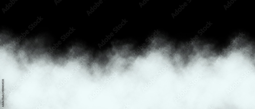 Fototapeta premium Ethereal white mist or smoke gracefully rises from the bottom edge against a stark, deep black background creating a dramatic visual effect for design