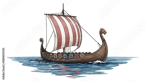 Viking longship sailing on calm waters with red and white striped sail, viewed from the side in a serene environment