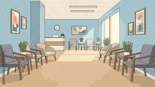 Welcoming and modern waiting room or lobby featuring light blue walls, comfortable seating arrangements, a stylish reception desk, and contemporary framed artwork.