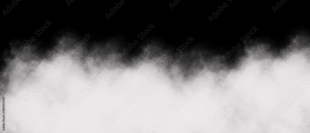 Fototapeta premium Abstract horizontal composition featuring a dense white fog or smoke effect rising against a solid deep black background creating a moody atmosphere for design projects