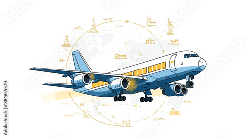Passenger airplane soaring in flight, encircled by a dynamic infographic illustrating global logistics, efficient supply chain networks, and international travel connections.