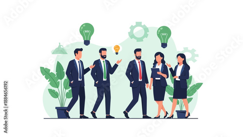 Teamwork and Innovation: Business People Discussing Ideas with Lightbulbs