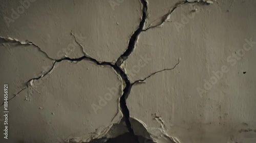 Damaged wall with cracks - Close-up of a severely cracked and crumbling wall, exposing the underlying structure. The damage indicates structural issues and potential safety concerns.