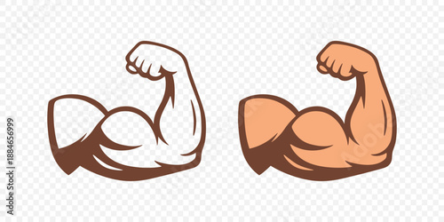 Strength Icon, Strength Arm, Vector Illustration. Strength Muscle, Flexing Bicep Set. Fitness Gym Workout Symbol. Strong Power Bodybuilder Emblem, Isolated Outline and Filled Design